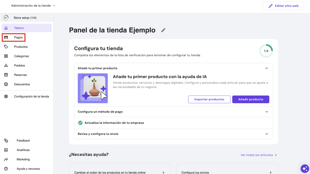 Panel de tienda del Creador de Hostinger